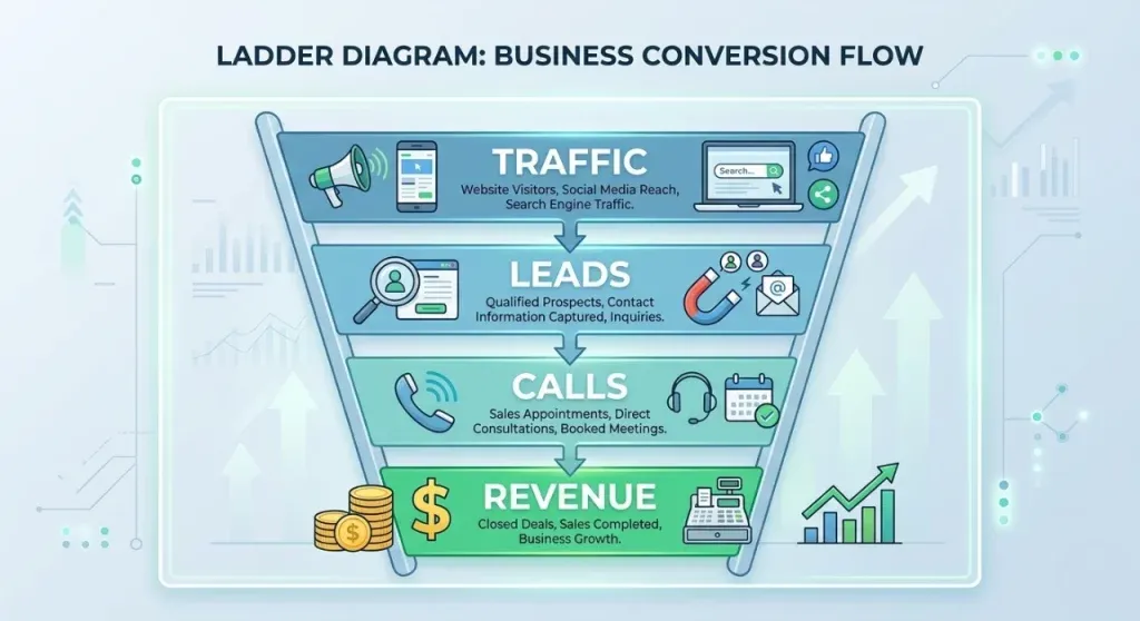 Ladder diagram showing Traffic → Leads → Calls → Revenue.