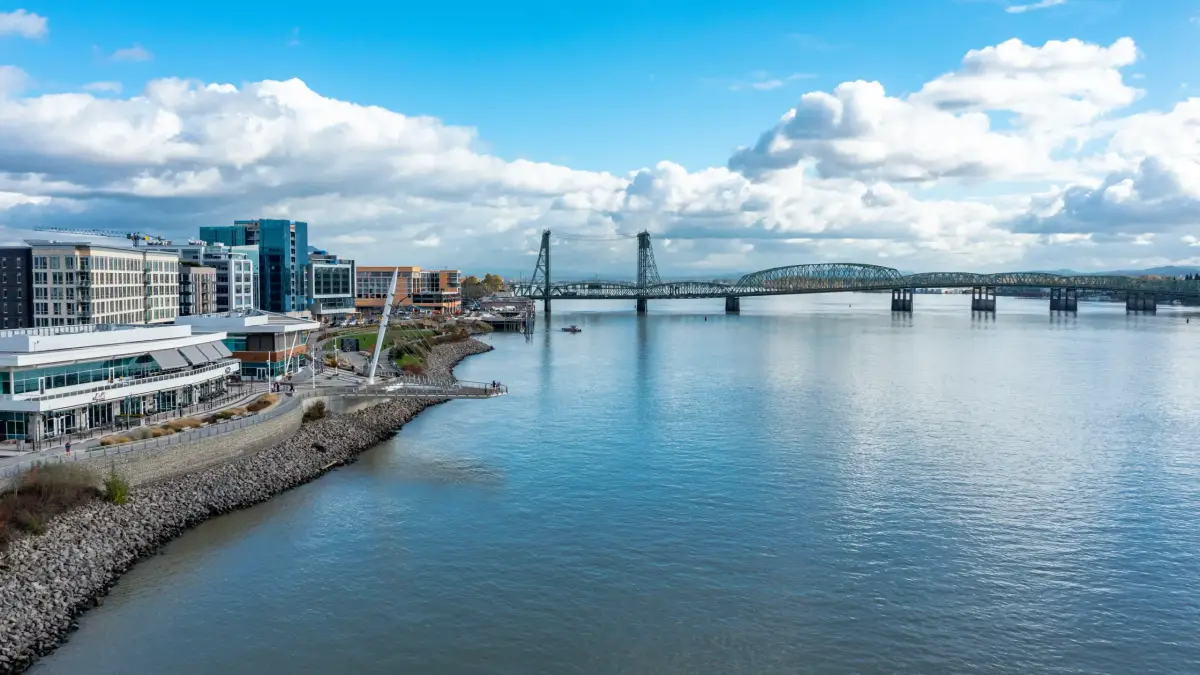 The Columbia River and a bridge seen from the Vancouver, WA waterfront