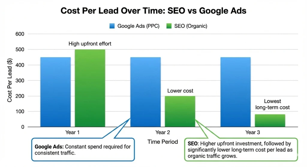 Cost Per Lead Over Time SEO vs Google Ads