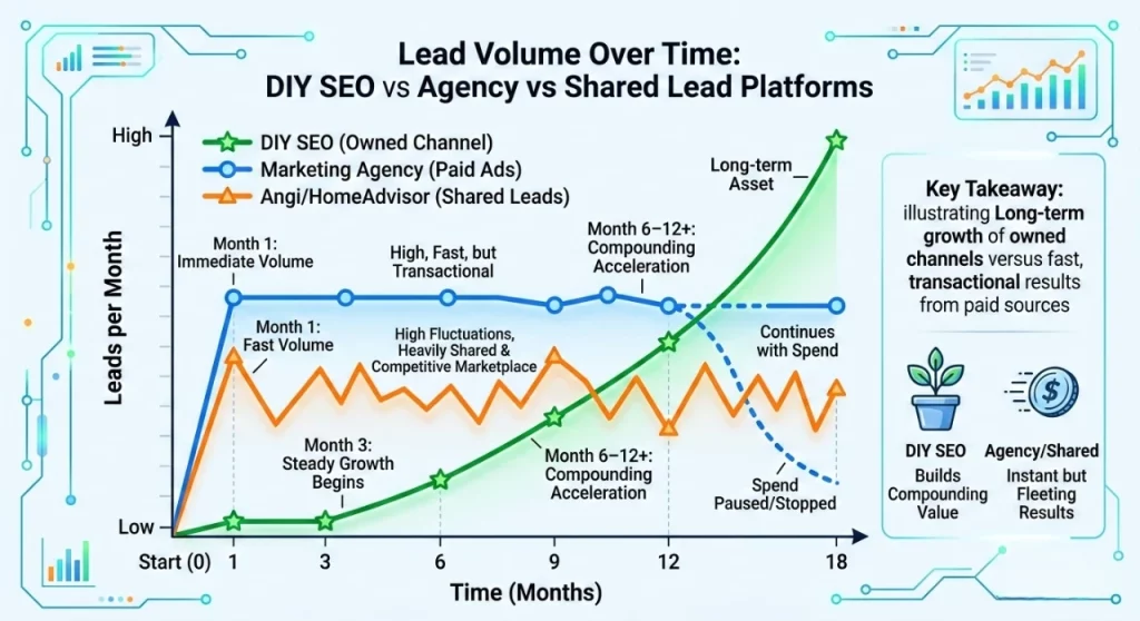 Lead Volume Over Time DIY SEO vs Agency vs Shared Lead Platforms