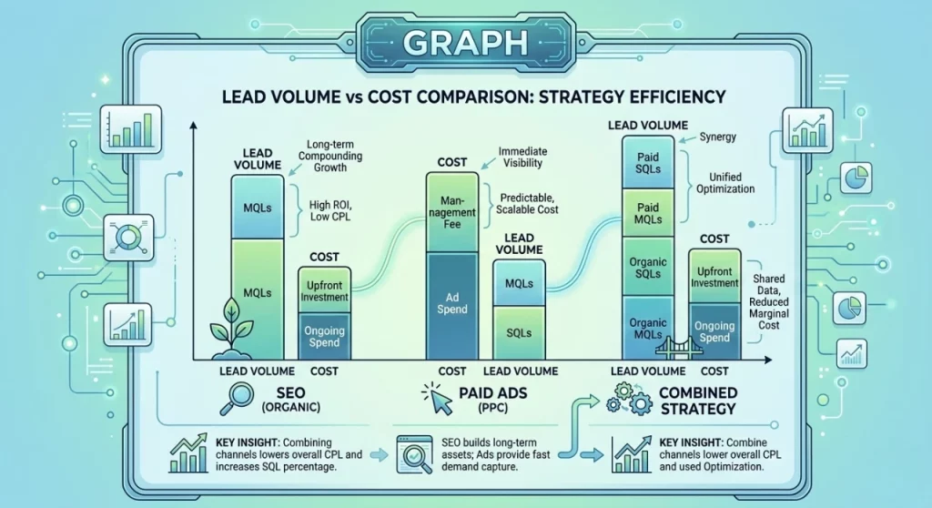 Lead volume vs cost for SEO, Ads