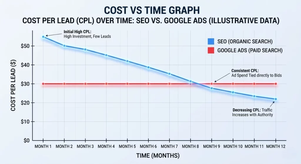 SEO vs Google Ads for Chiropractors in Vancouver, WA 1 Cost vs Time Graph