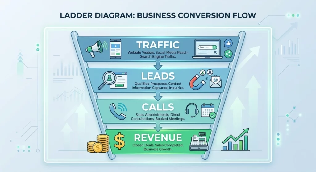 Home Service Marketing in Vancouver, WA: How Contractors Get More Calls 3 Ladder diagram showing Traffic → Leads → Calls → Revenue.